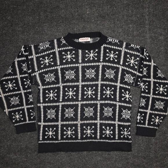 Vintage 70s Adams Apple USA Knit Sweater – Black White Nordic Snowflake - Picture 1 of 4